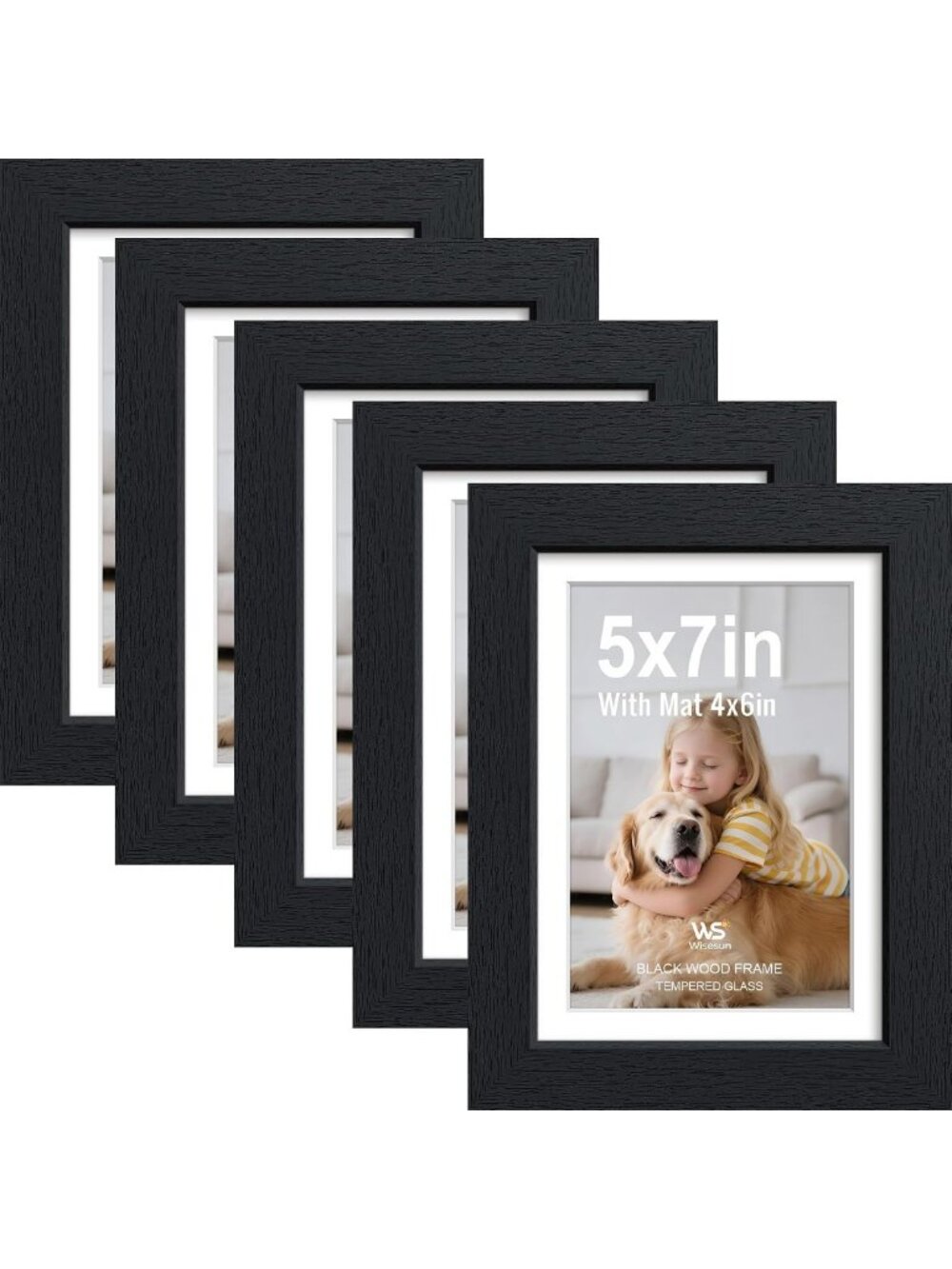 5x7 Picture Frame Set of 5 - Black Wood, Real Glass, Includes 4x6 Matting